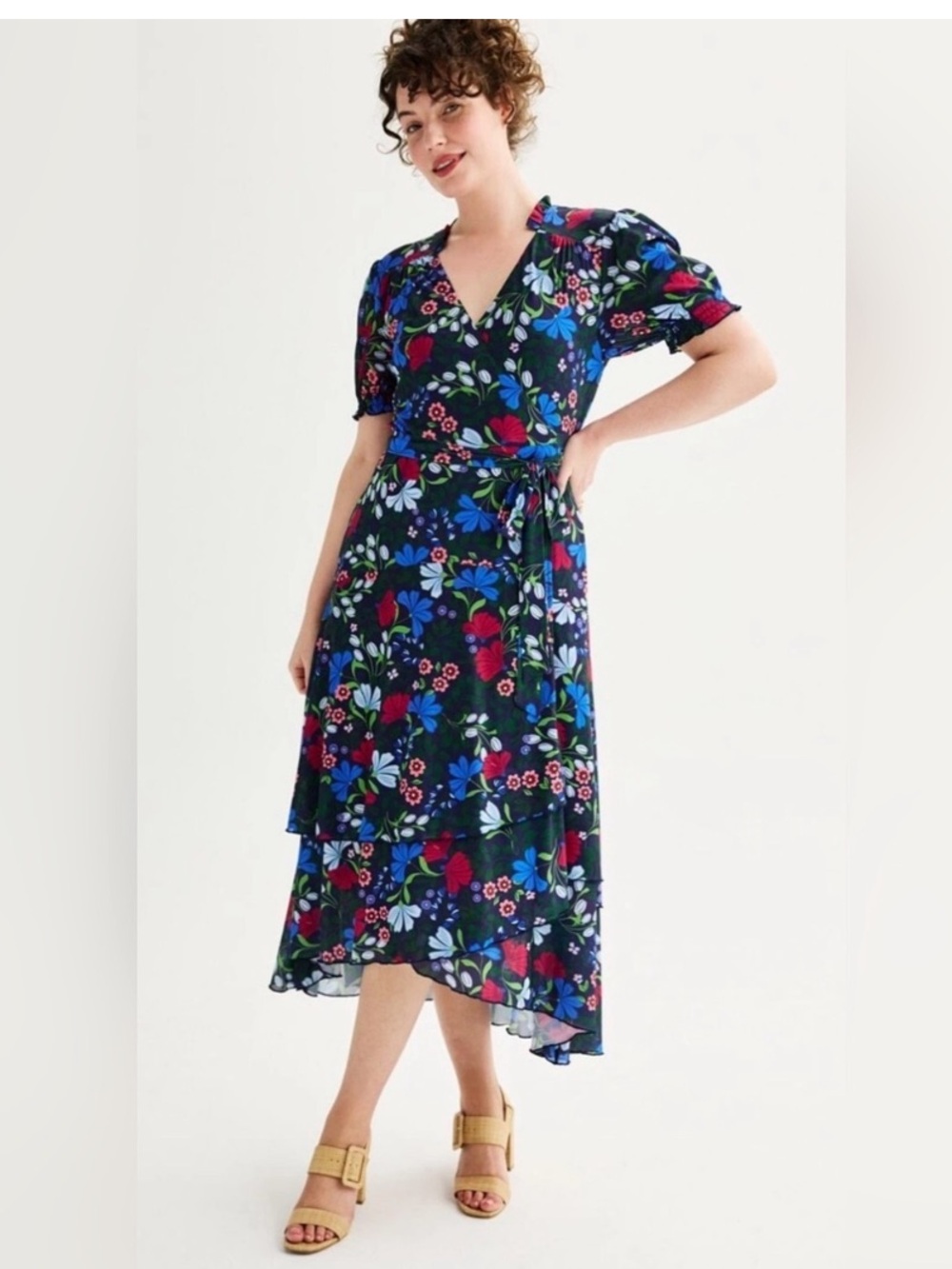 Draper James navy floral print puff sleeve midi wrap dress
